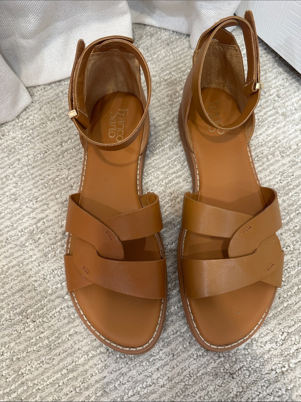Franco Sarto Cognac Brown Leather Ankle-Strap Sandals